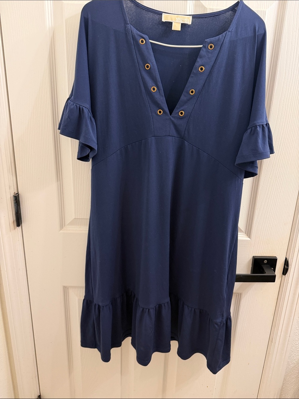 Michael Kors Navy V-Neck Ruffle Hem Midi Dress